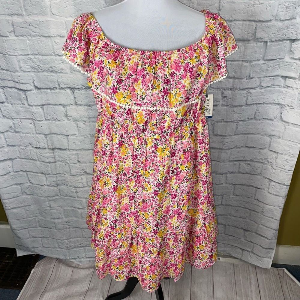 Terra & Sky women 2X off shoulder floral print flare dress